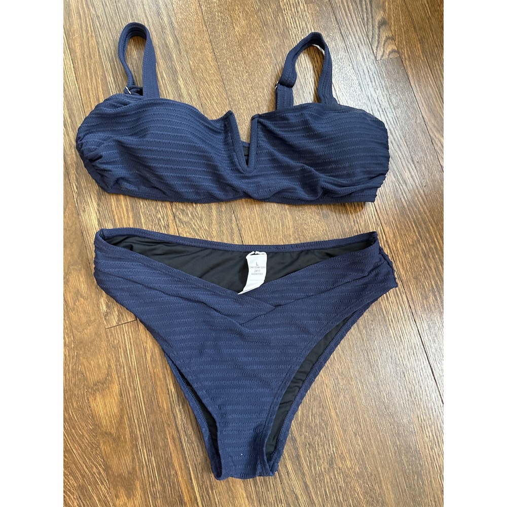 Cupshe‎ Womens Navy Blue Ribbed Textured Bikini Set Notched V-Neck Size L New
